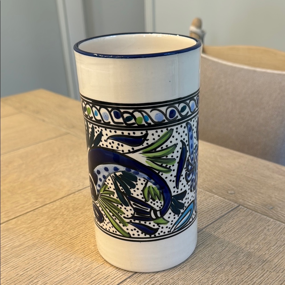 Artistic Blue and Cream Ceramic Vase with Textured Aquatic Design